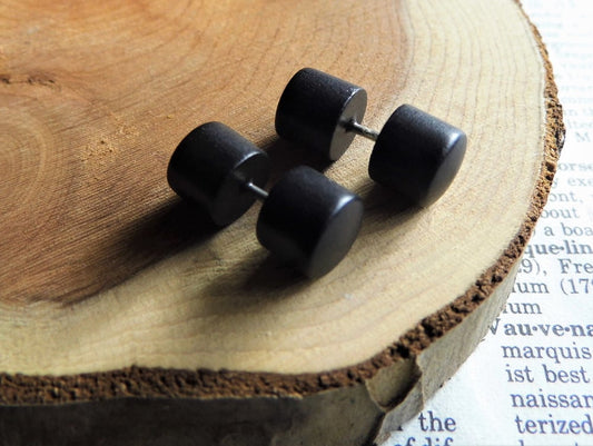 Black Studs Wood Faux Plugs Gauges Earrings