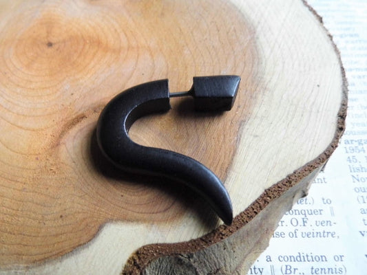 Black Fish Hook Faux Gauge Wood Earring