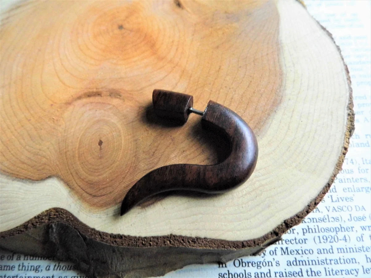 Brown Fish Hook Faux Gauge Wood Earring
