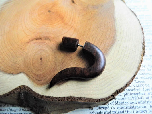 Brown Fish Hook Faux Gauge Wood Earring