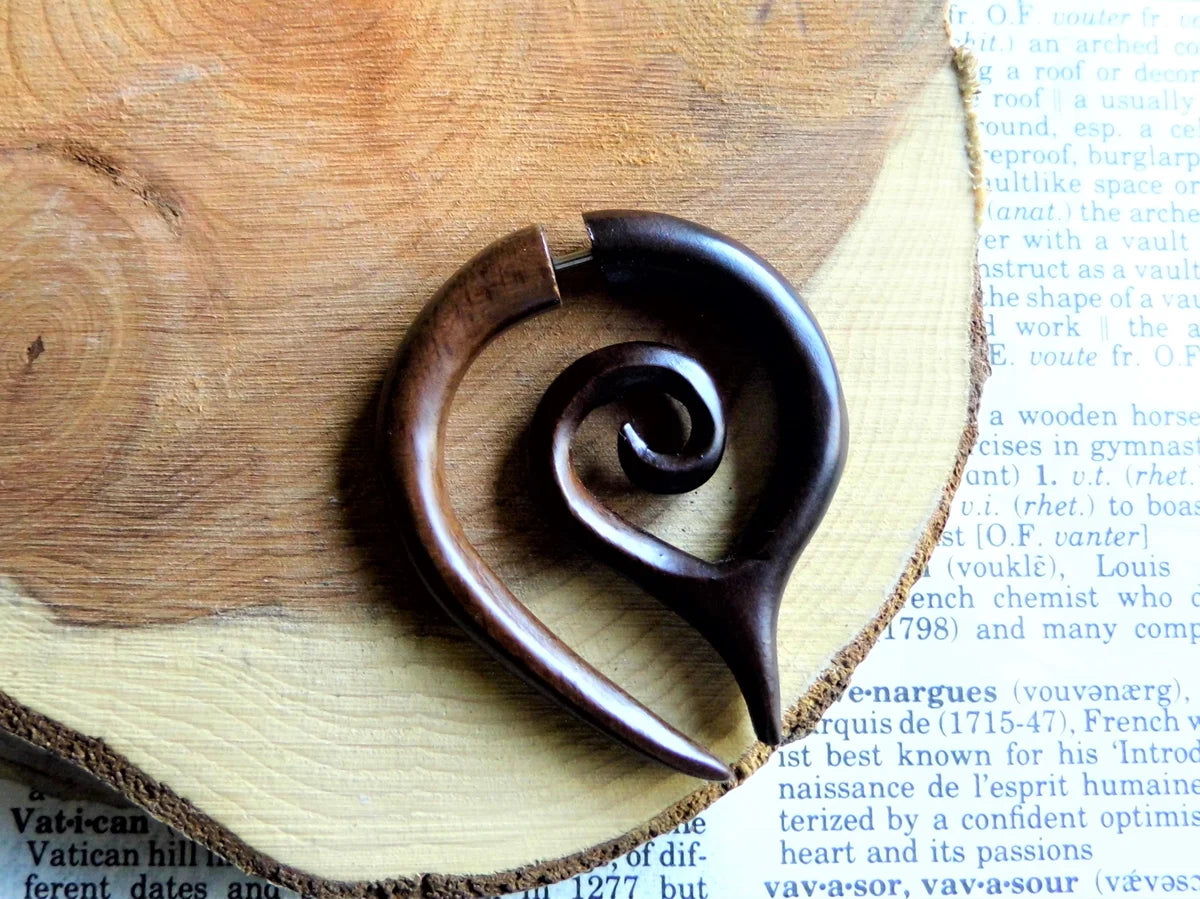 Wood Faux Gauge Earring Spiral