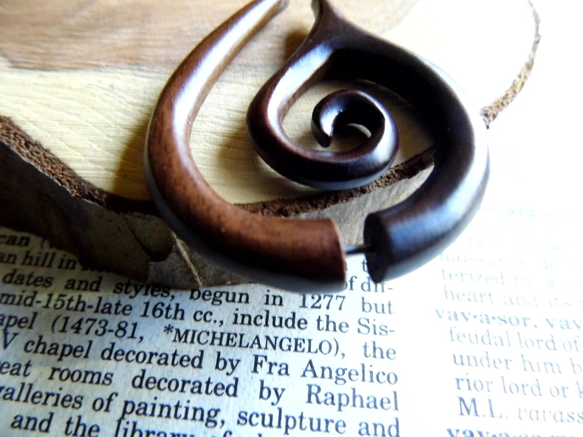 Wood Faux Gauge Earring Spiral