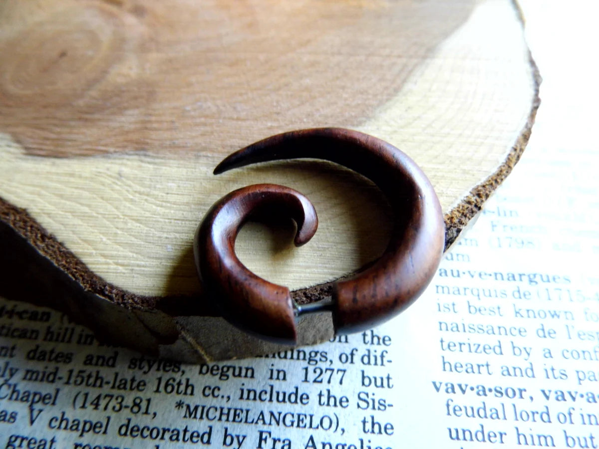 Brown Wood Spiral Hoop Earring Faux Plug