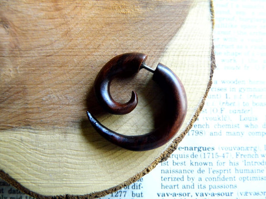 Brown Wood Spiral Hoop Earring Faux Plug