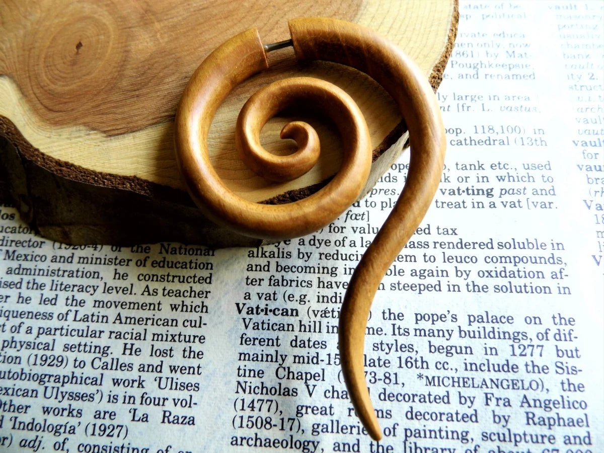 Large Light Wood Spiral Earring Hoop Faux Gauge