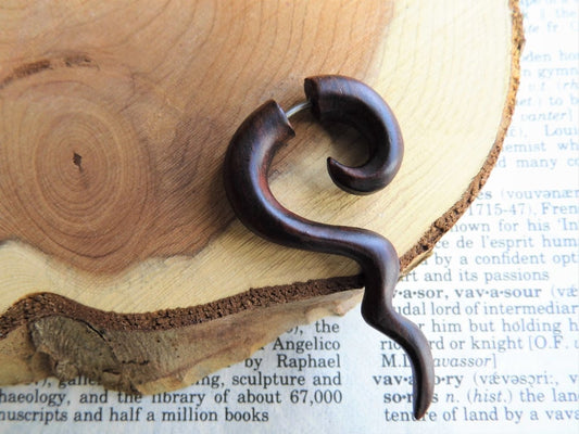 Wood Earring Spiral Long Faux Gauge
