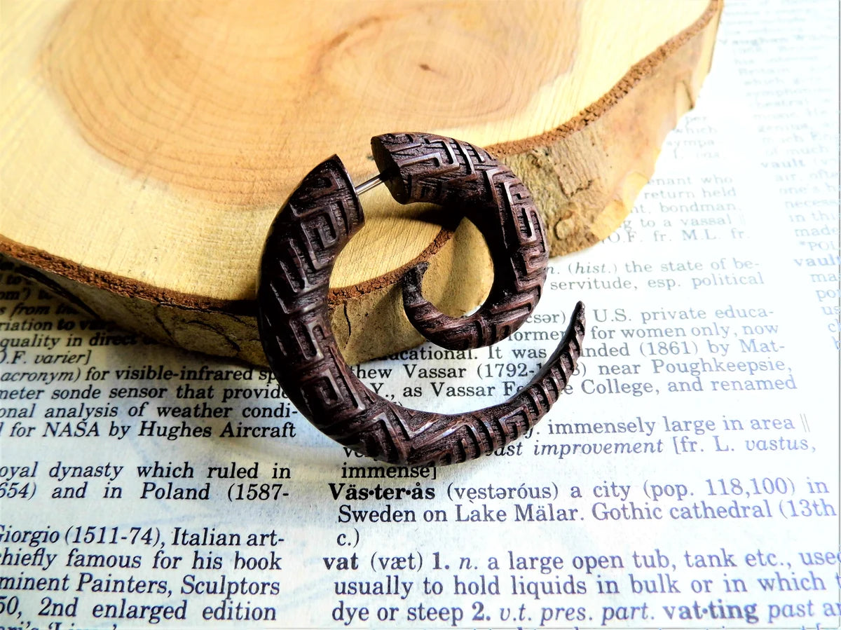 Large Carved Spiral Earring Faux Gauge