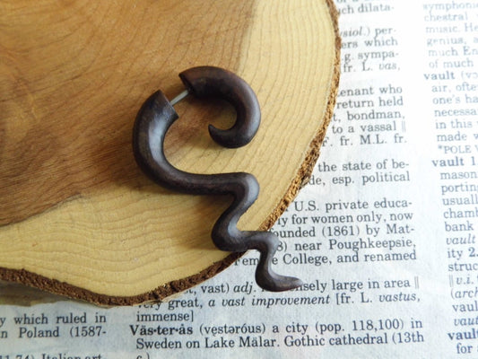 Wood Earring Sqiggle Long Faux Gauge