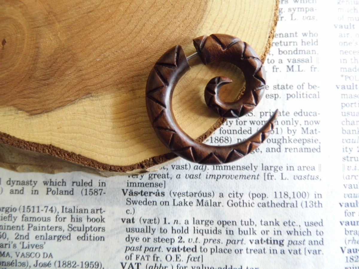 Carved Spiral Wood Earring Faux Gauge