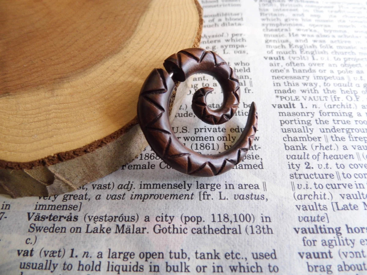 Carved Spiral Wood Earring Faux Gauge