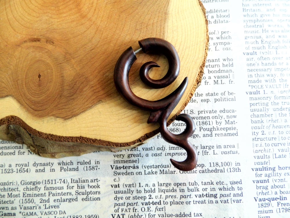 Wood Earring Tribal Ethnic Faux Gauge