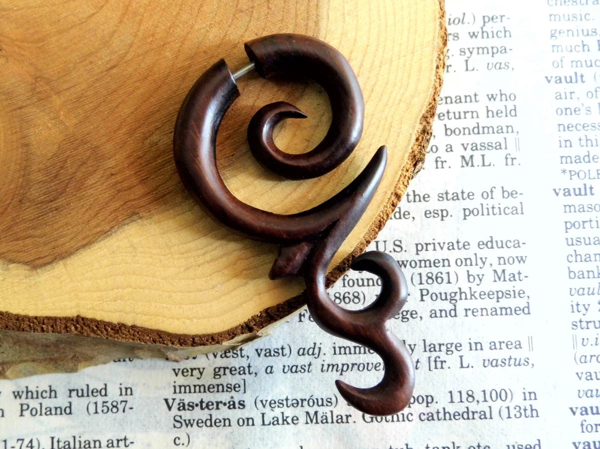 Wood Earring Tribal Ethnic Faux Gauge