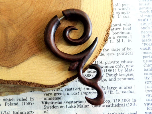 Wood Earring Tribal Ethnic Faux Gauge