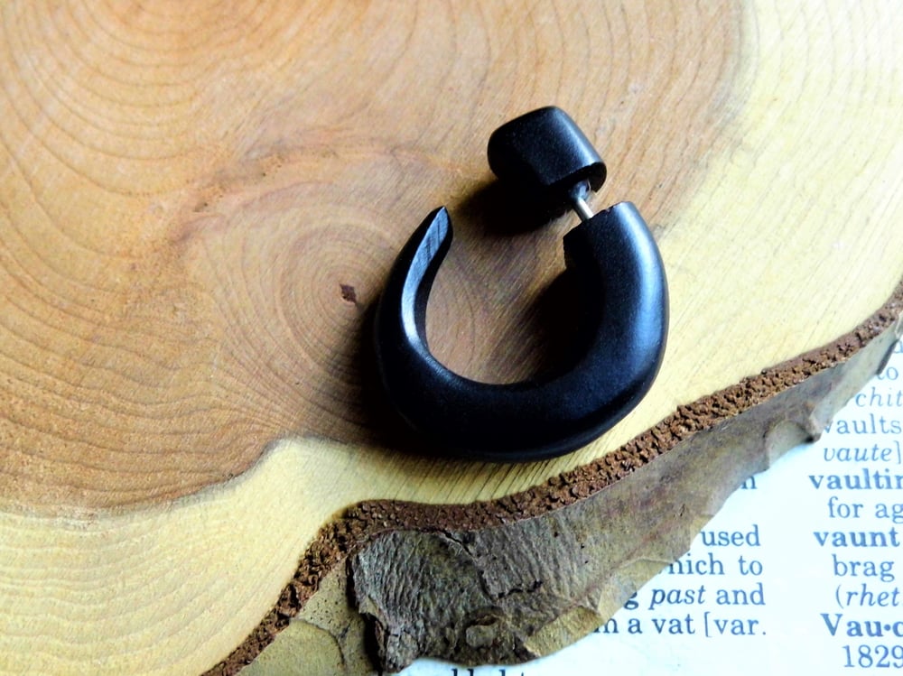 Black Fish Hook Faux Gauge Wooden Earring Unisex