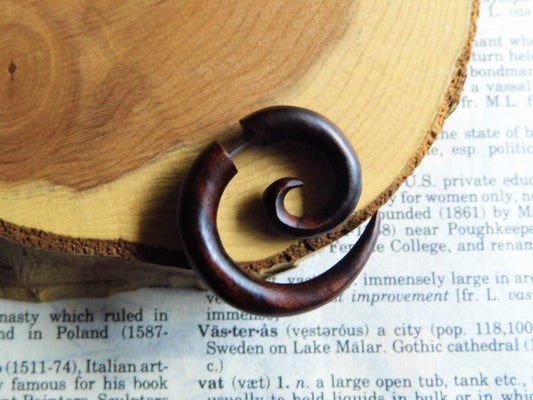 Extra Small Unisex Brown Spiral Wooden Fake Gauge