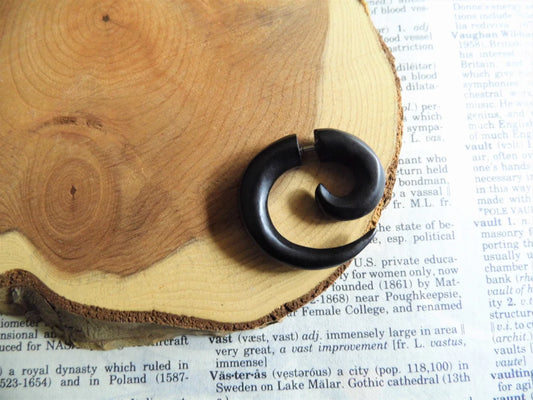 Small Black Wooden Spiral Earring Faux Gauge