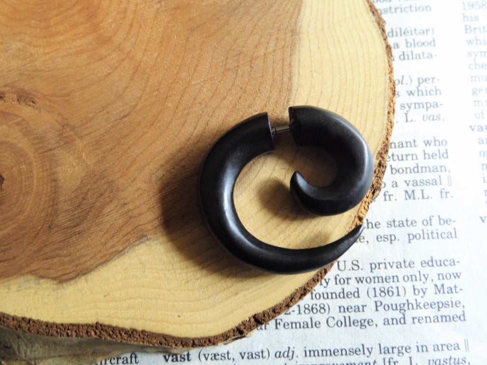 Small Black Wooden Spiral Earring Faux Gauge