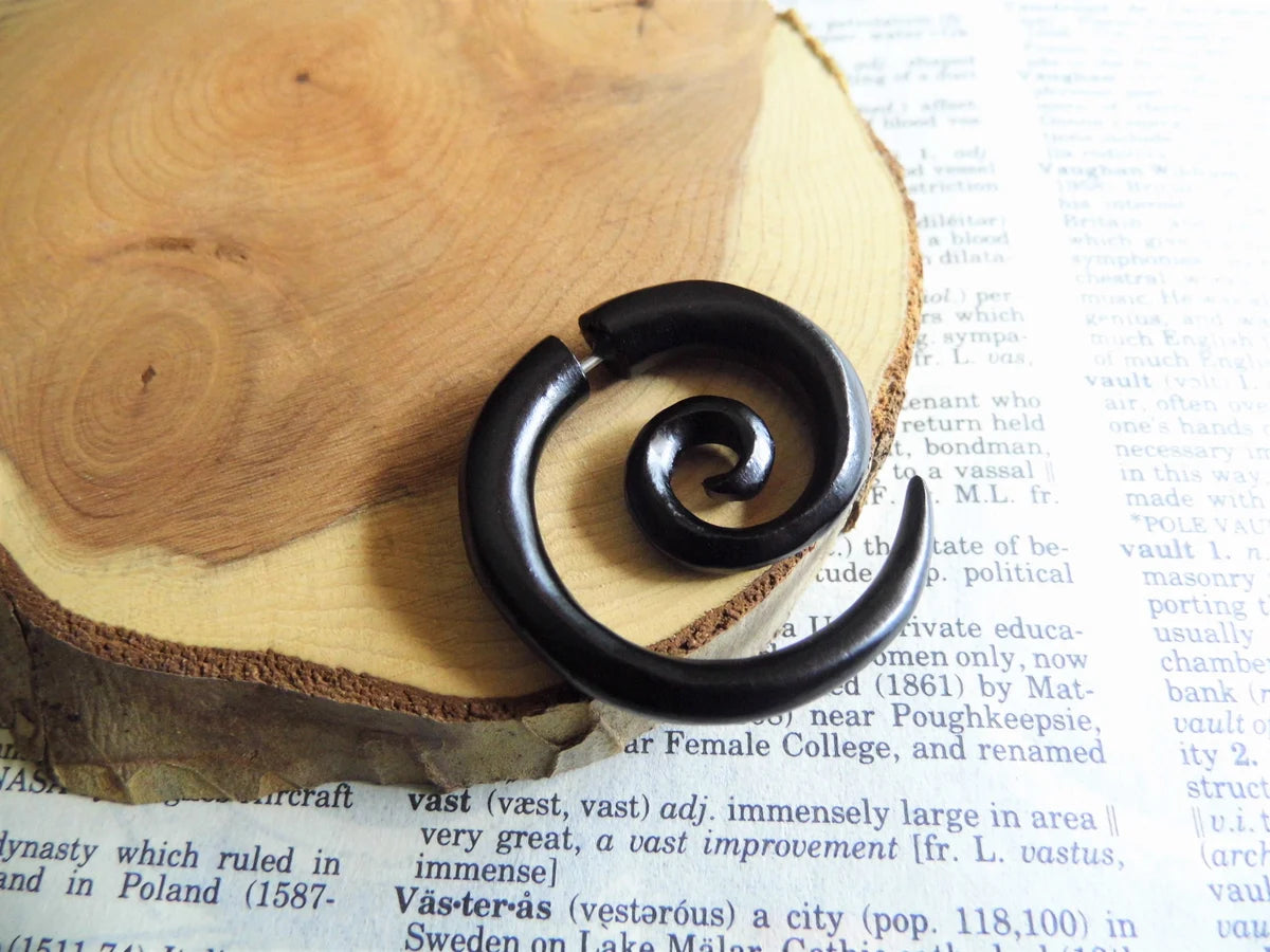 Large Black Wooden Spiral Earring