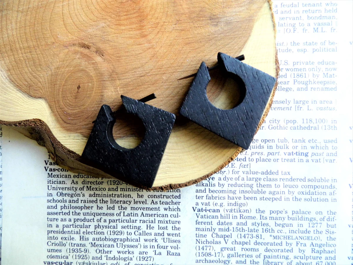 Black Wooden Square Cube Hoop Earrings