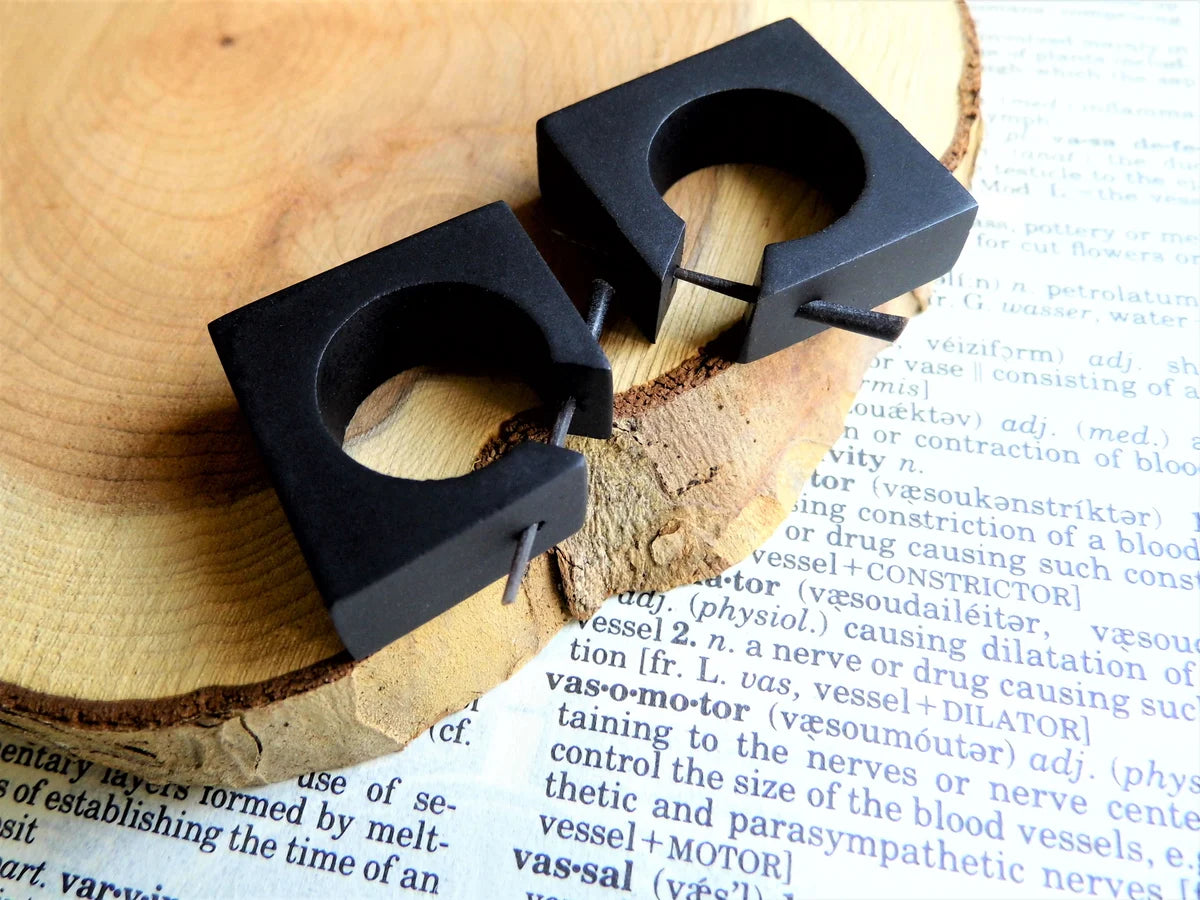 Black Wood Square Cube Hoop Earrings