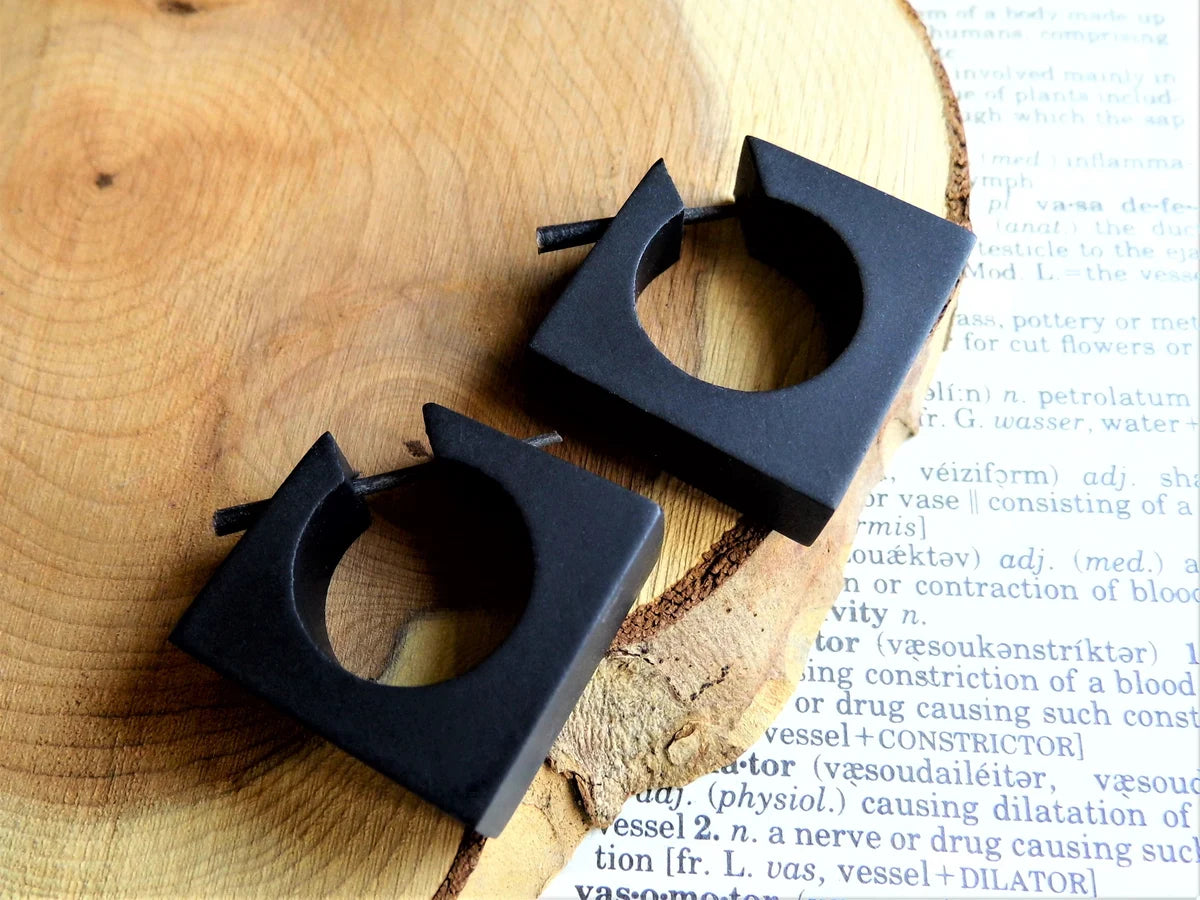 Black Wood Square Cube Hoop Earrings