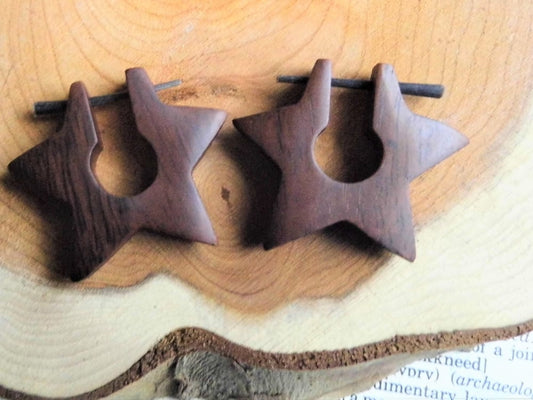Star Earrings Wood Hoop Round Deep Brown
