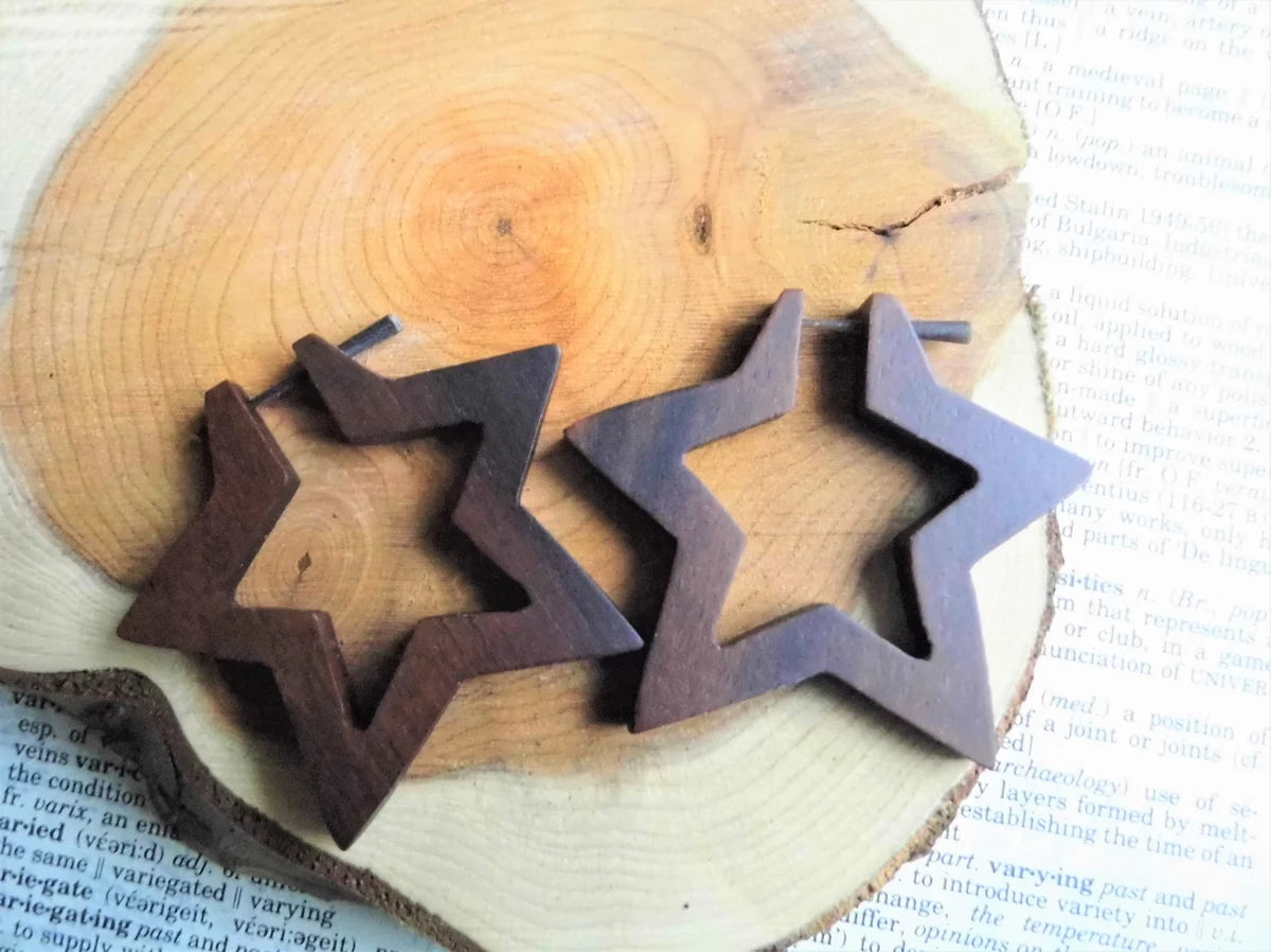 Star Earrings Large Round Brown Wooden Hoops