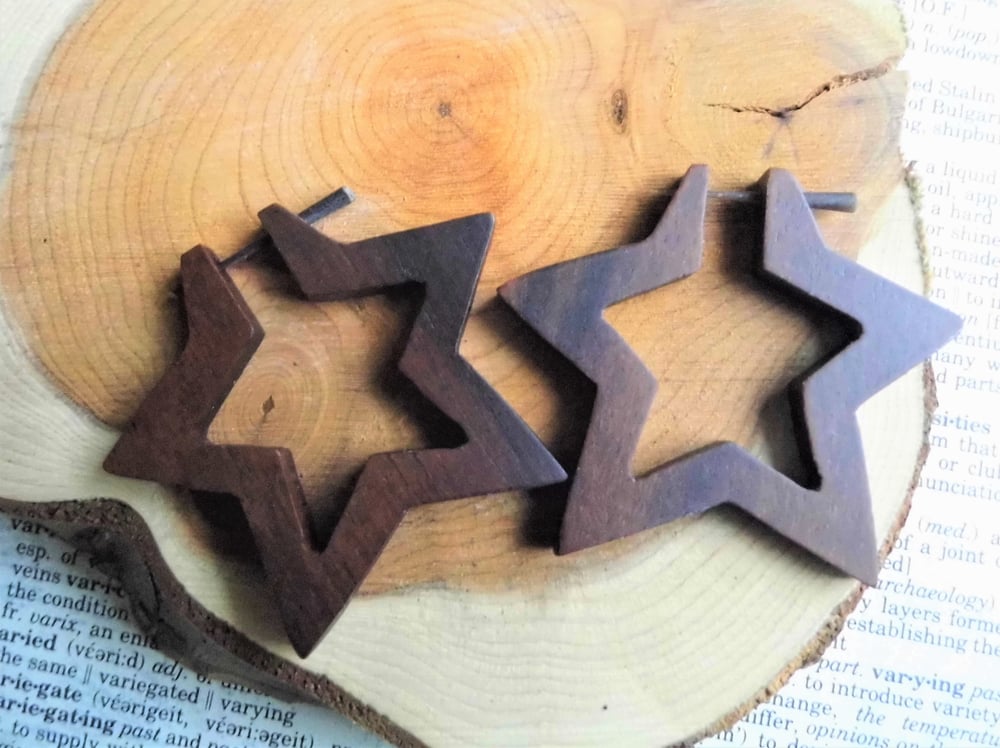 Star Earrings Large Round Brown Wooden Hoops