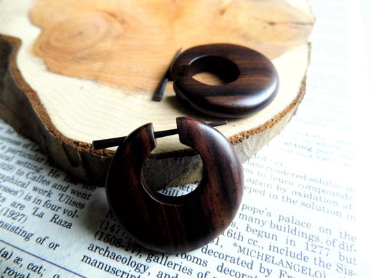 Wooden Hoops Earrings Small Round Deep Brown