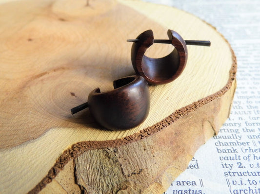 Curved Coco Wood Huggies Creole Earrings Small
