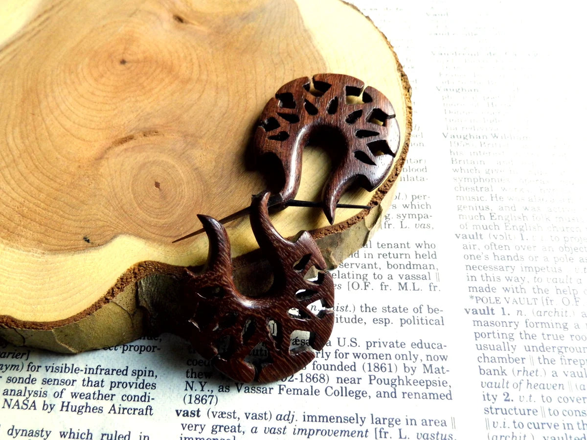 Small Carved Rustic Tribal Wood Hoops