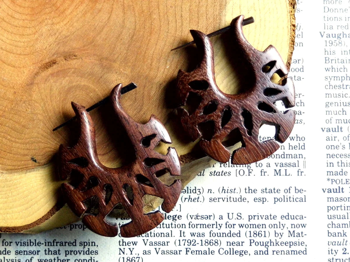 Small Carved Rustic Tribal Wood Hoops