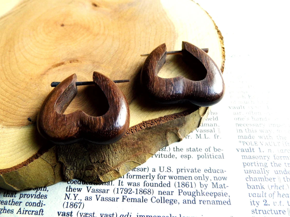 Rustic Heart Wooden Hoops Earrings