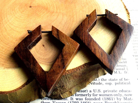 Diamond Wooden Hoop Carved Earrings