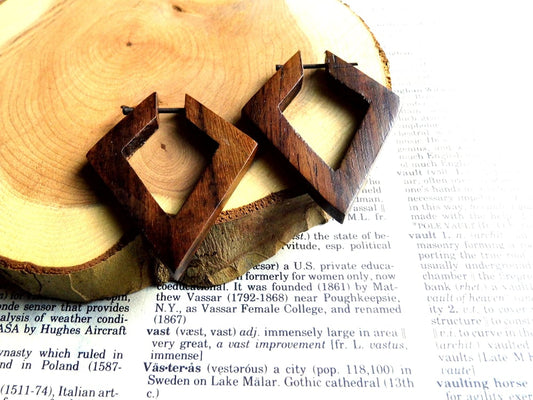 Diamond Wooden Hoop Carved Earrings