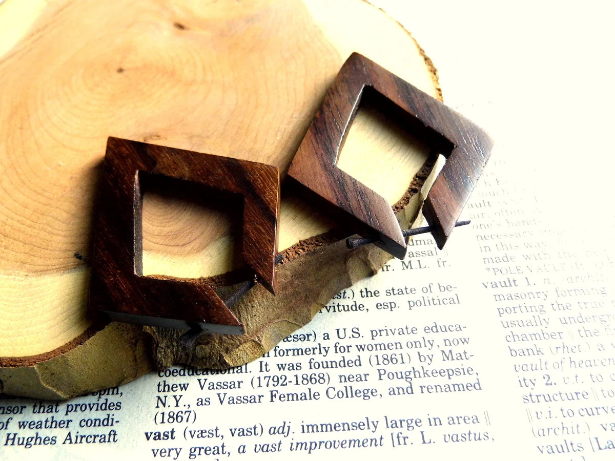 Diamond Wooden Hoop Carved Earrings