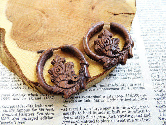 Small Festival Wood Flower Hoops Wooden Earrings