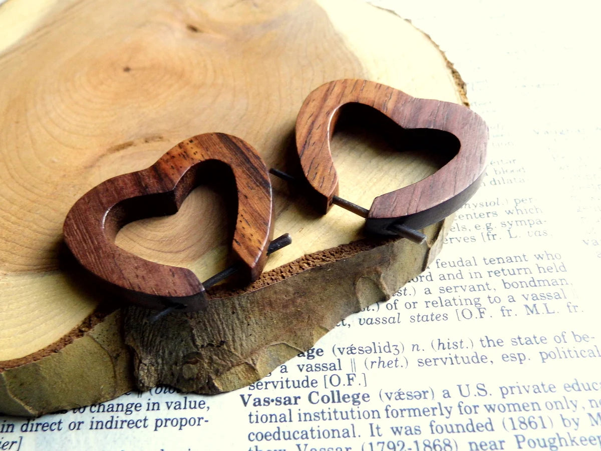 Rustic Flat Heart Earrings Wood