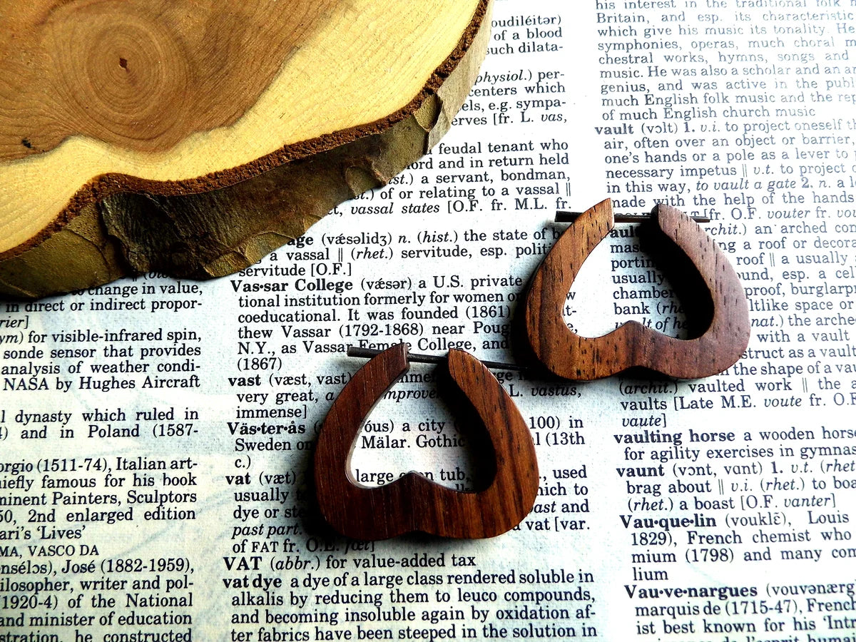 Rustic Flat Heart Earrings Wood
