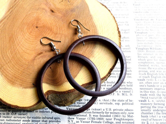 Large Brown Hoops Wood Earrings Drop Dangle Silver