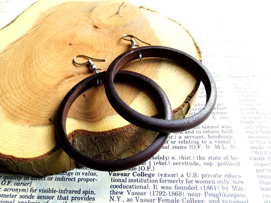 Large Brown Hoops Wood Earrings Drop Dangle Silver