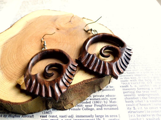 Large Wooden Wave Fire Dangle Drop Earrings Hook