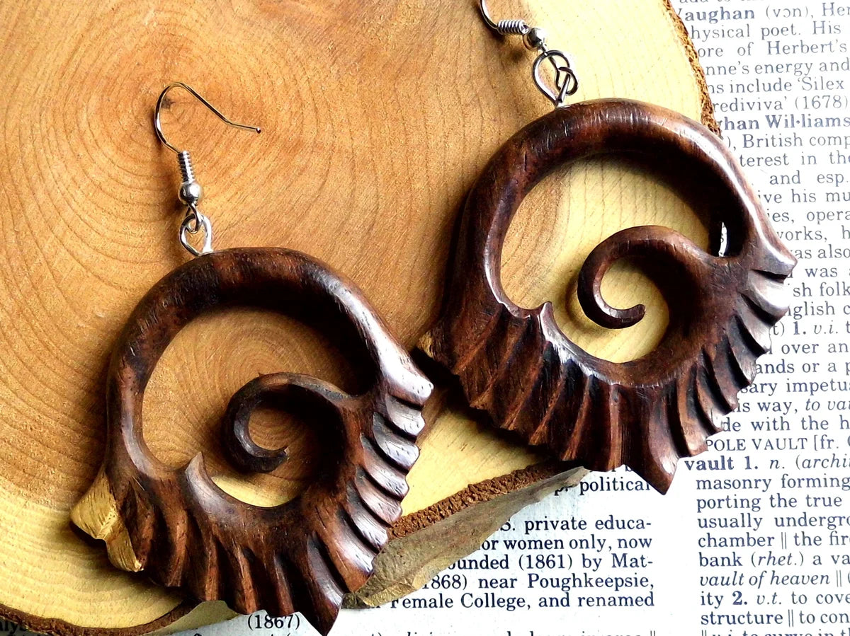 Large Wooden Wave Fire Dangle Drop Earrings Hook