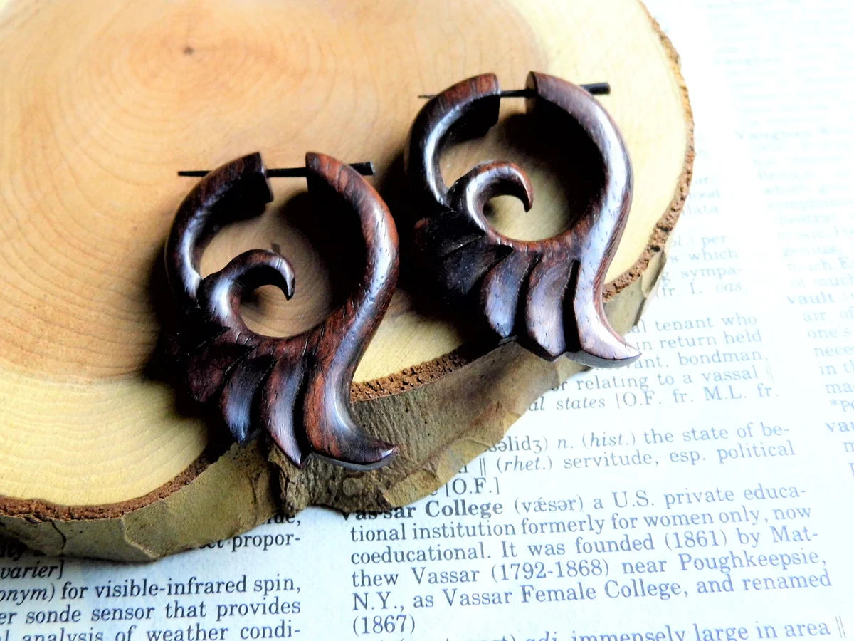 Fire Wood Hoops Wooden Earrings Wave