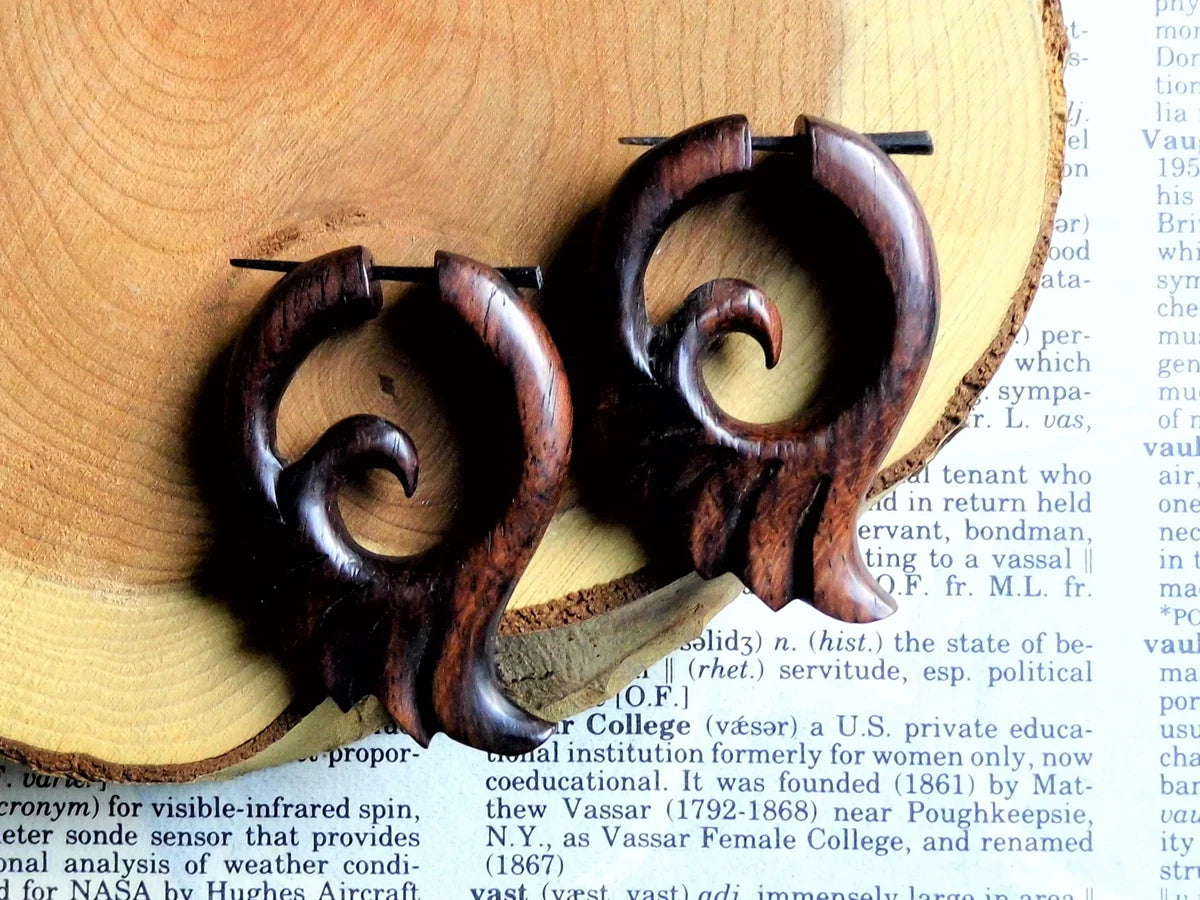 Fire Wood Hoops Wooden Earrings Wave