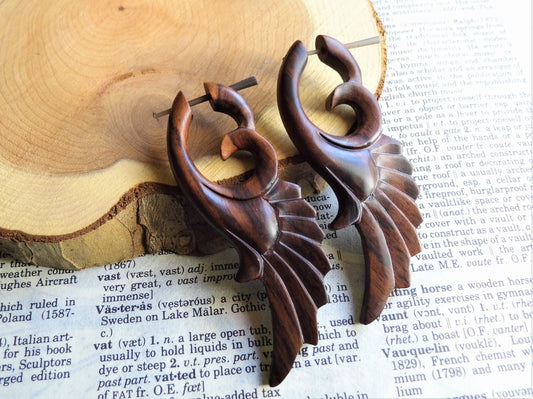 Men Women Angel Wing Wood Earrings Large