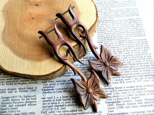 Extra Long Large Womens Flower Earrings Wood Post