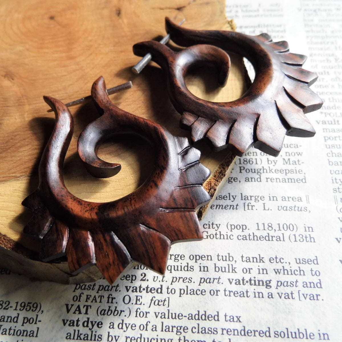Large Tribal Fire Hoops Womens Wooden Earrings
