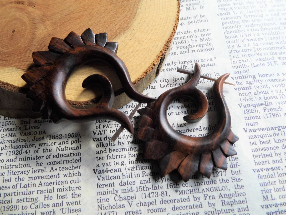 Large Tribal Fire Hoops Womens Wooden Earrings