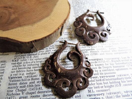 Large Ethnic Womens Coco Wood Earrings Hoops